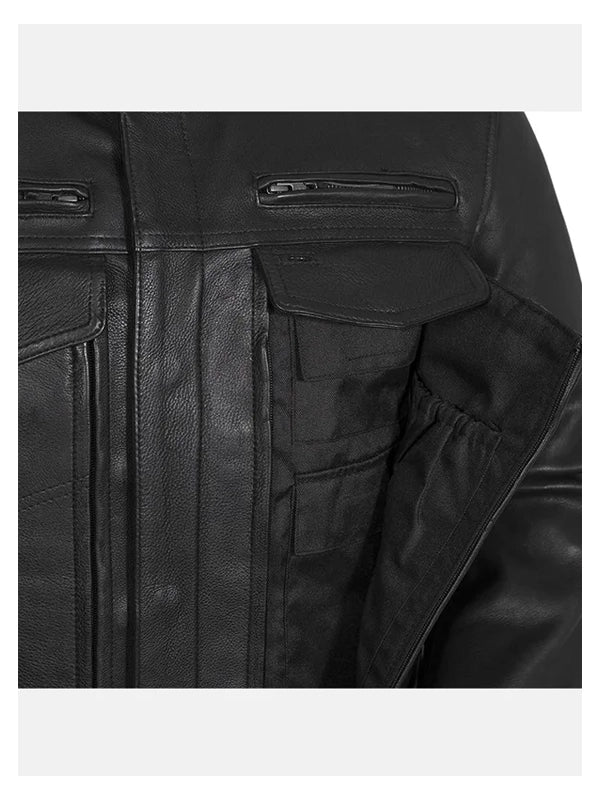 mens utility style black leather biker jacket...