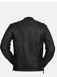 mens utility style black leather biker jacket.