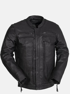 mens utility style black leather biker jacket