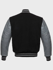 mens varsity jacket with leater sleeves.