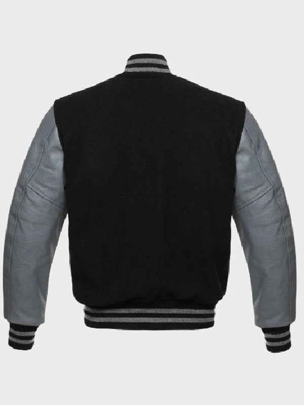 mens varsity jacket with leater sleeves.