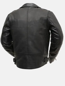 mens zippered chest pocket black biker leather jacket.