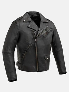 mens zippered chest pocket black biker leather jacket