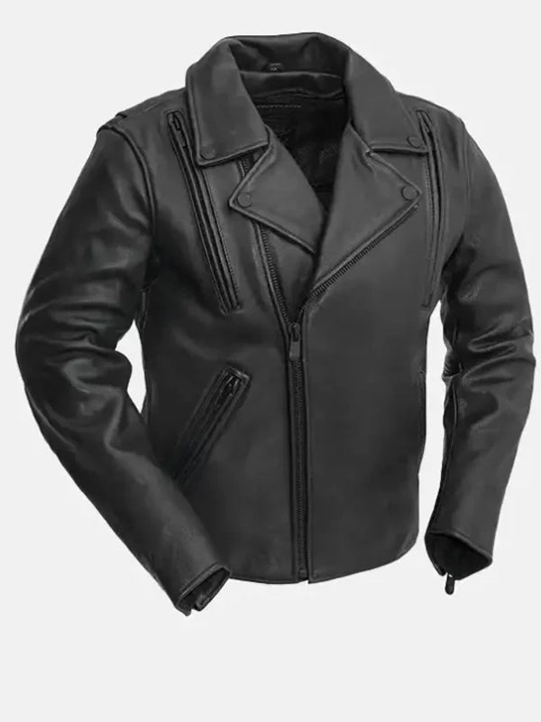 mens zippered slash pockets biker leather jacket