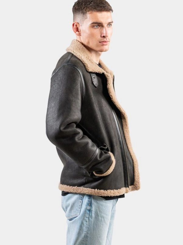 mensbrownpilotbombershearlingjacket..mens brown pilot bomber shearling jacket..