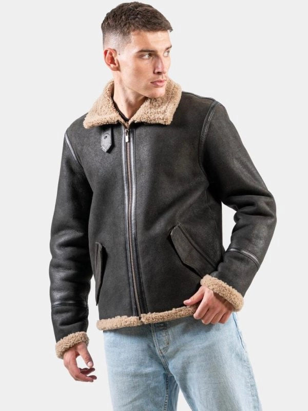 mensbrownpilotbombershearlingjacket..mens brown pilot bomber shearling jacket
