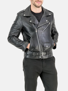 morris asymmetrical collar black leather moto jacket.