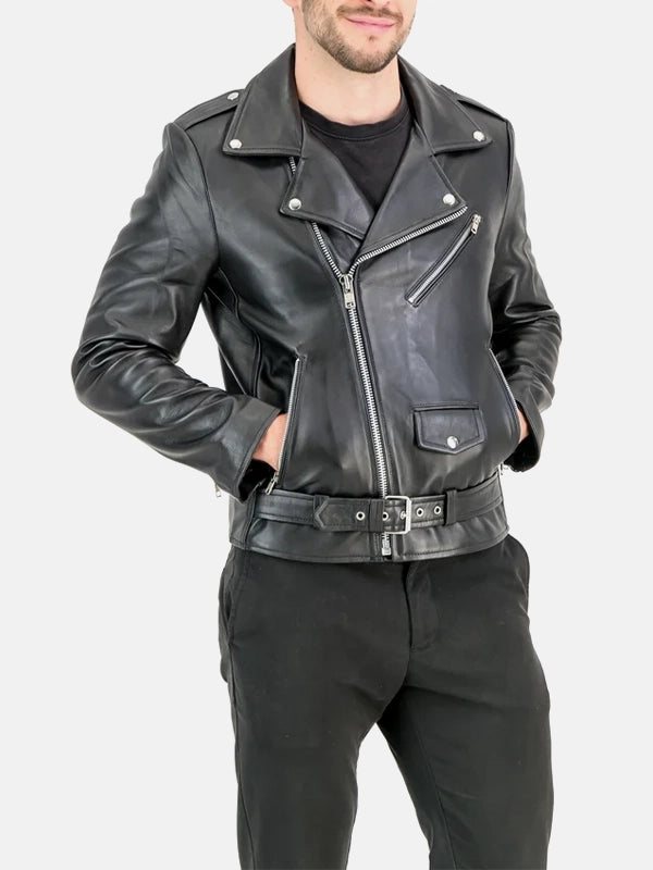 morris asymmetrical collar black leather moto jacket.
