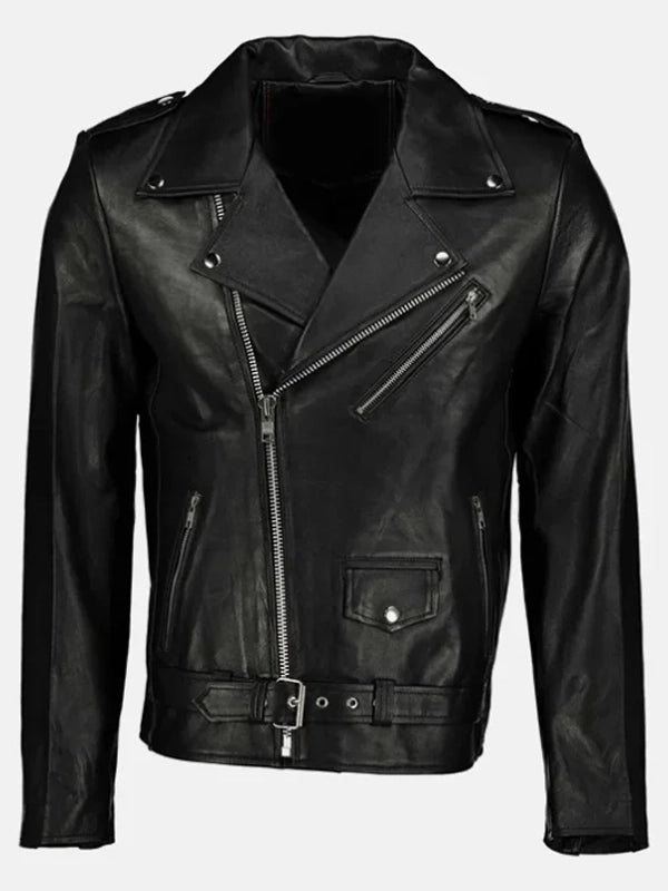 morris asymmetrical collar black leather moto jacket