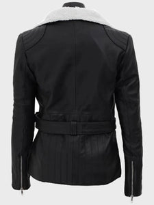 natalie shearling leather black belted biker jacket.