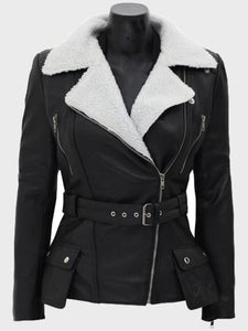 natalie shearling leather black belted biker jacket