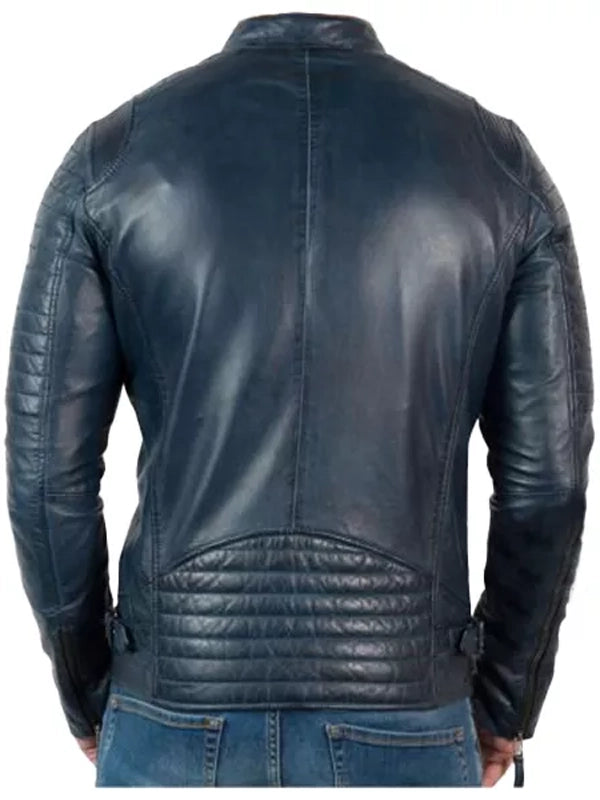 racer distressed blue motorcycle leather jacket..