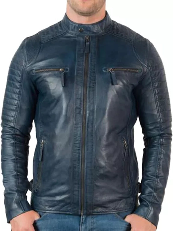 racer distressed blue motorcycle leather jacket.