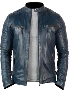 racer distressed blue motorcycle leather jacket