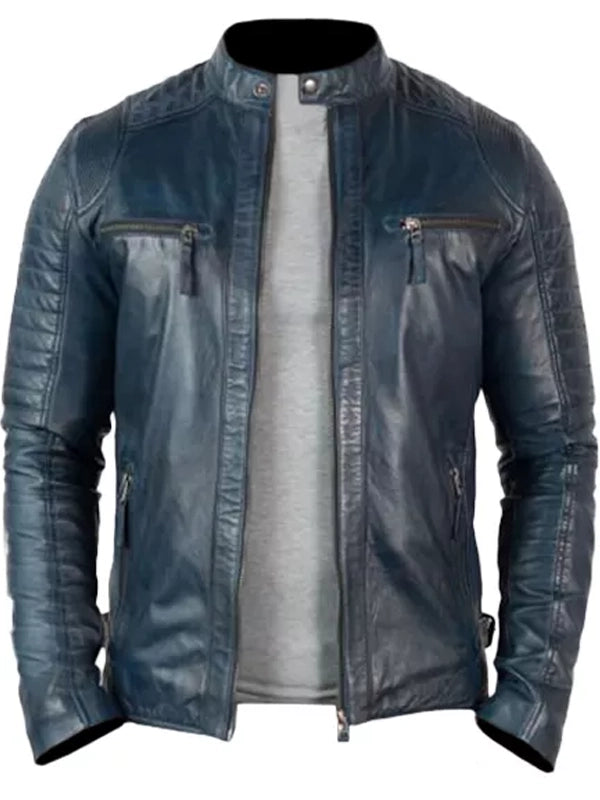 racer distressed blue motorcycle leather jacket