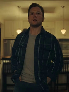 smoke 2025 taron egerton blue check shirt
