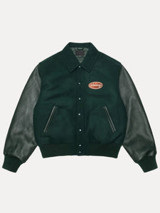 stussy script oval varsity jacket..