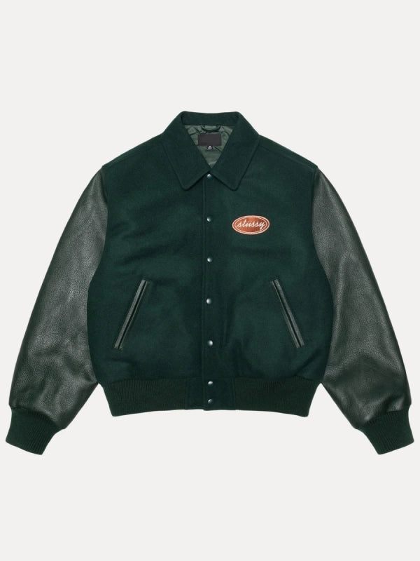 stussy script oval varsity jacket..