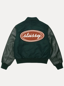 stussy script oval varsity jacket...