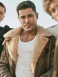 the iron claw zac efron shearling leather jacket.