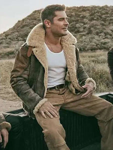 the iron claw zac efron shearling leather jacket