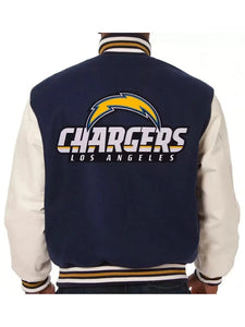 varsity la chargers navy and white wool leather jacket.