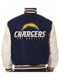 varsity la chargers navy and white wool leather jacket.