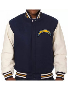 varsity la chargers navy and white wool leather jacket