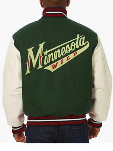 varsity minnesota wild green and white two tone jacket.