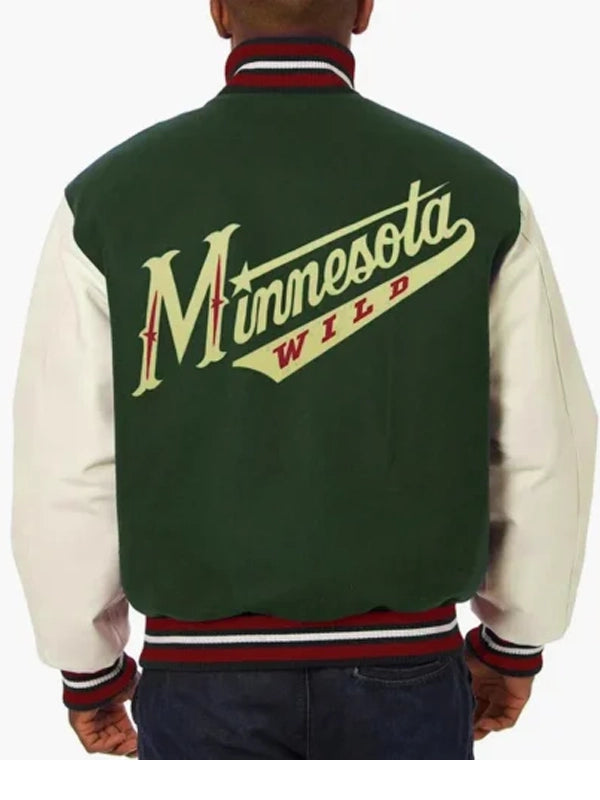 varsity minnesota wild green and white two tone jacket.