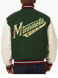 varsity minnesota wild green and white two tone jacket.