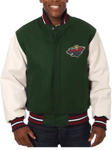 varsity minnesota wild green and white two tone jacket