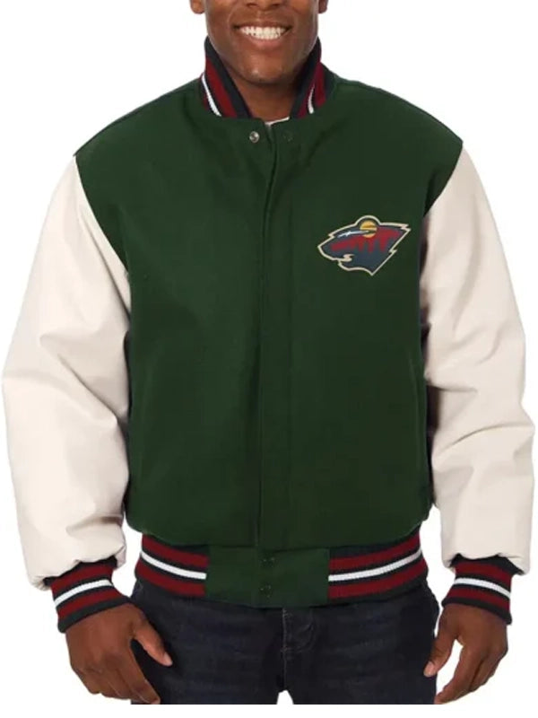 varsity minnesota wild green and white two tone jacket