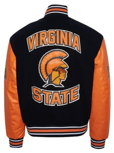 virginia state university black and orange varsity jacket.