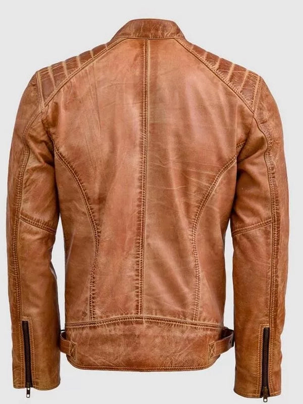 waxed tan leather jacket.