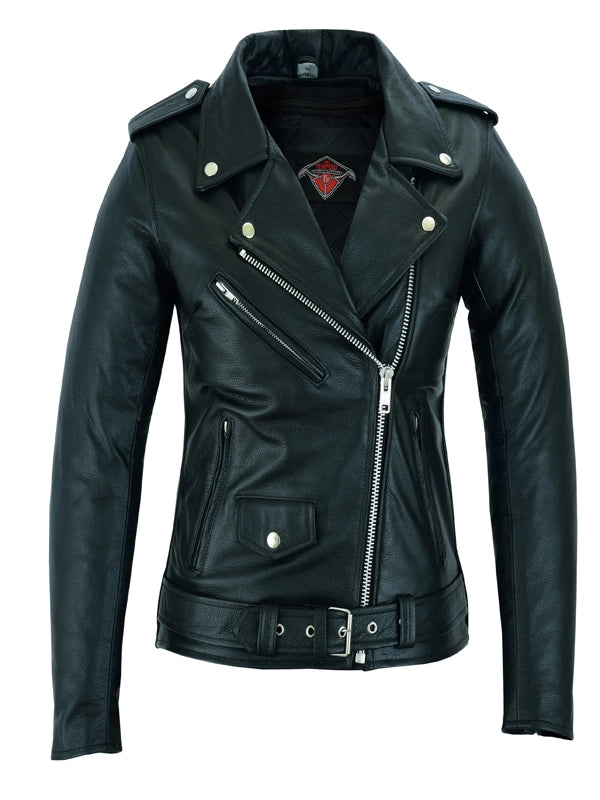 women brando style leather motor cycle jacket black