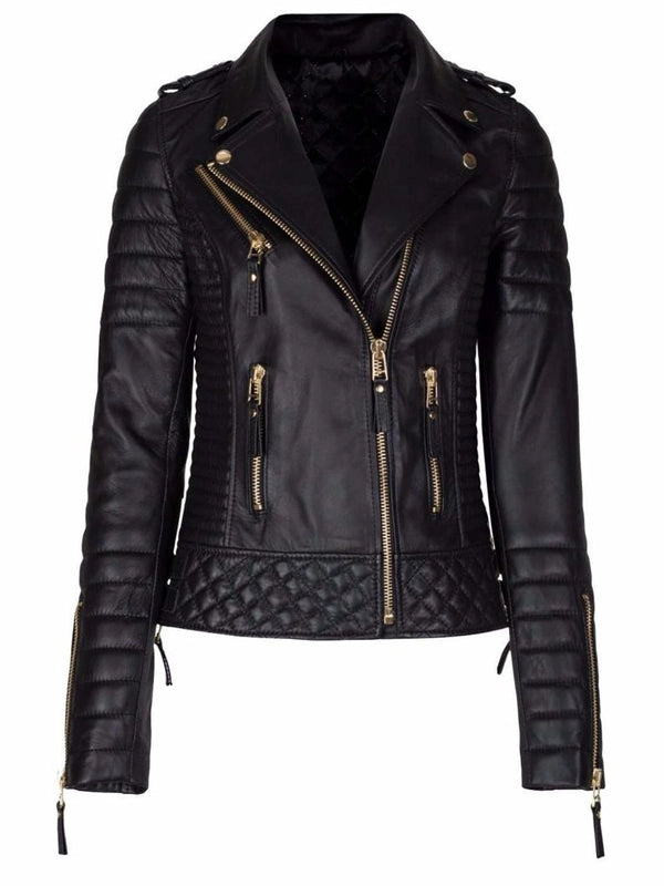 women slim fit biker leather jacket