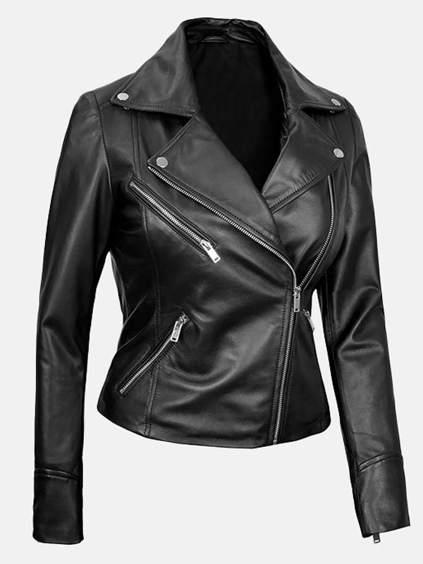 womens asymmetrical black leather biker jacket.