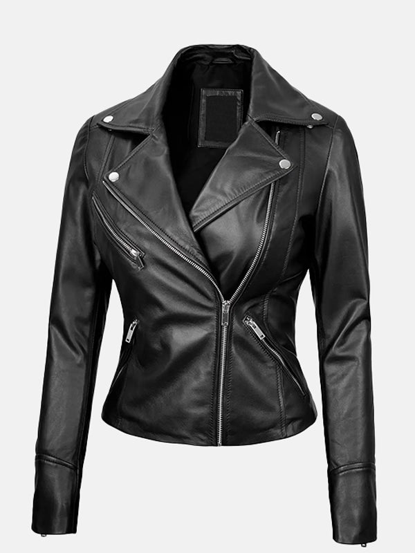 womens asymmetrical black leather biker jacket