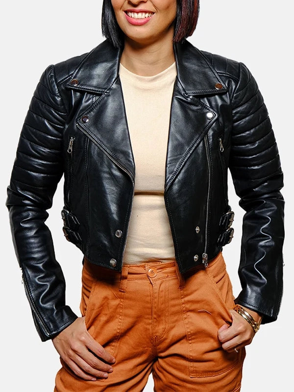 womens asymmetrical cropped leather jacket.