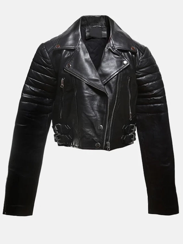womens asymmetrical cropped leather jacket