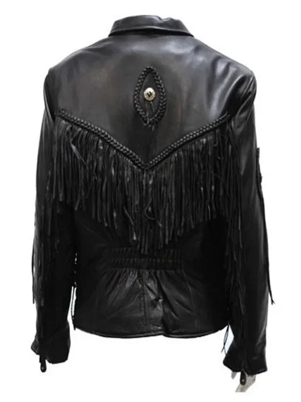 womens black leather fringer jacket...