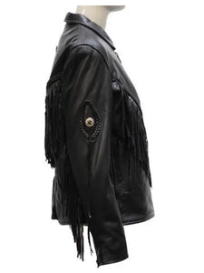 womens black leather fringer jacket..