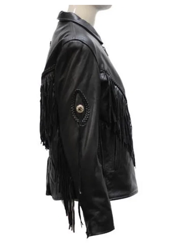 womens black leather fringer jacket..