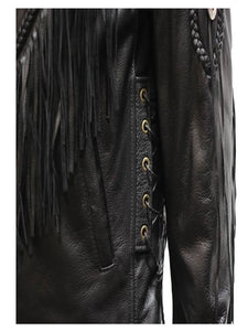 womens black leather fringer jacket.