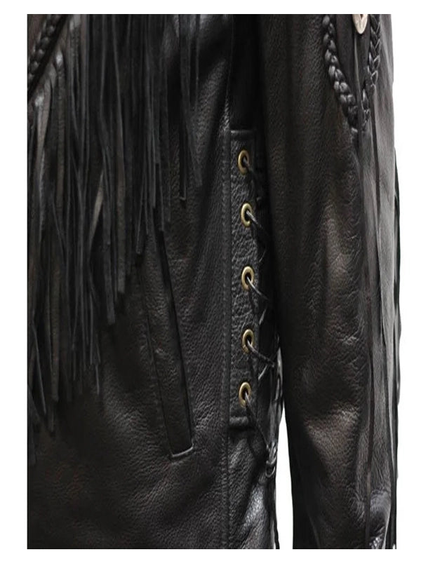 womens black leather fringer jacket.
