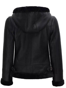 womens black leather hooded shearling jacket.