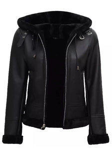 womens black leather hooded shearling jacket