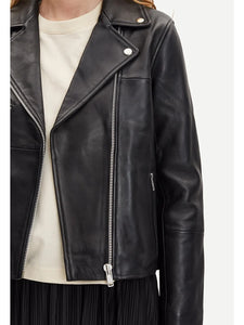 womens black leather motor cycle jacket.