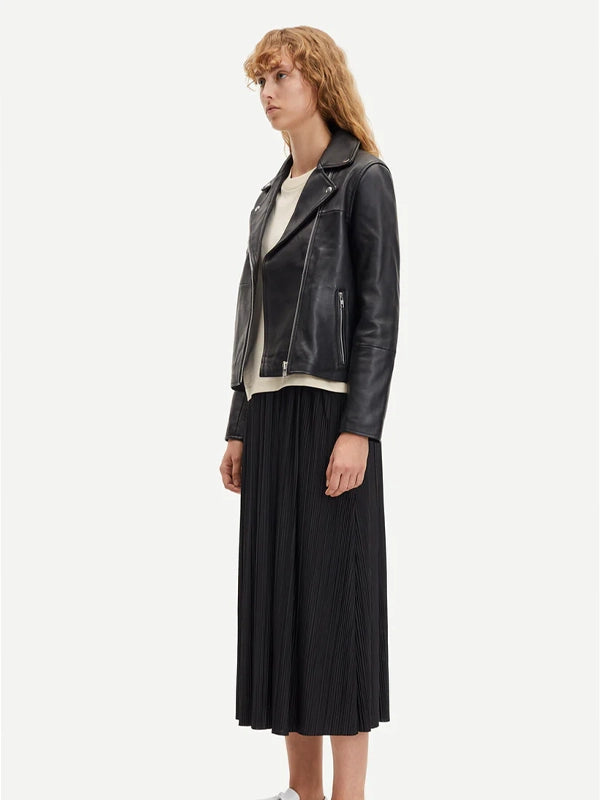 womens black leather motor cycle jacket.